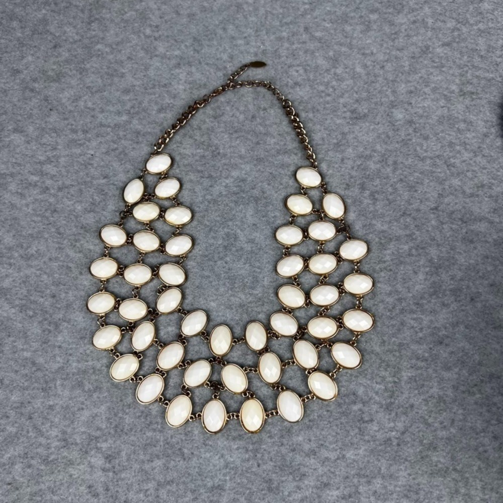 Natasha Signed 3 Tier Statement Necklace Goldtone Large White Faceted Stones